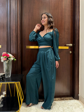 Puff Sleeves Top and Pant Set in Teal