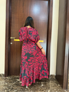 Ballon Pattern Boho Printed Maxi Dress in Red and Black