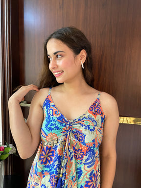 Ruched Bust Boho Printed Short Dress - Multicolor