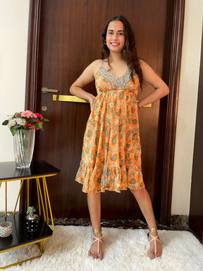 Ruffle Hem Boho Printed Short Dress in Orange