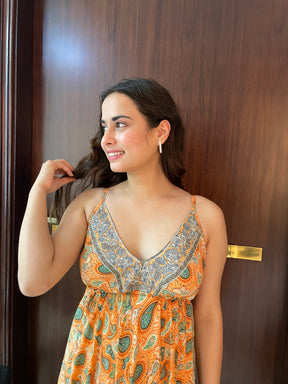 Ruffle Hem Boho Printed Short Dress in Orange