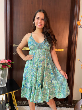 Ruffle Hem Boho Printed Short Dress in Sea Green