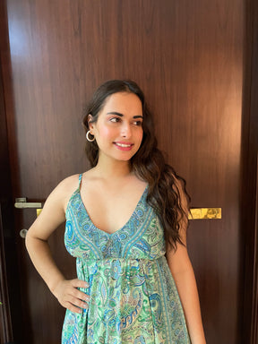 Ruffle Hem Boho Printed Short Dress in Sea Green