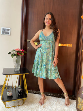 Ruffle Hem Boho Printed Short Dress in Sea Green