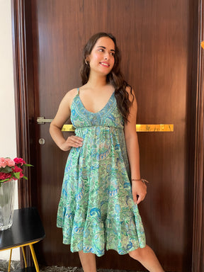 Ruffle Hem Boho Printed Short Dress in Sea Green