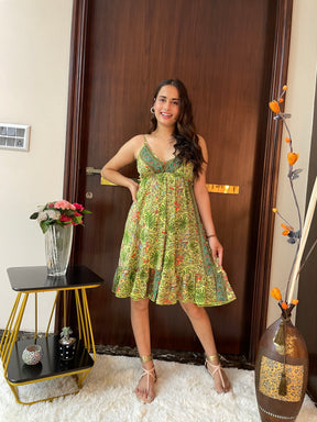 Ruffle Hem Boho Printed Short Dress in Green