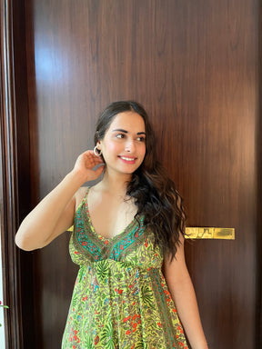 Ruffle Hem Boho Printed Short Dress in Green