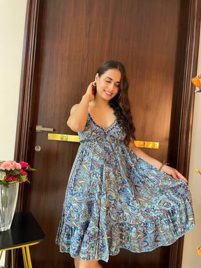 Ruffle Hem Boho Printed Short Dress in Blue