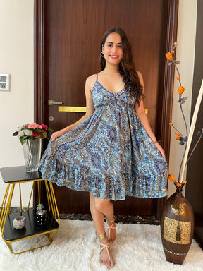 Ruffle Hem Boho Printed Short Dress in Blue