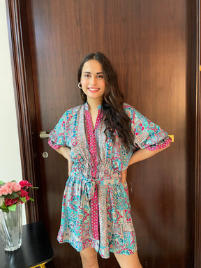 Balloon Sleeves  Foil Boho Print Shirt Dress