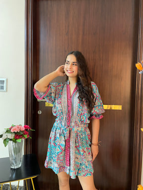 Balloon Sleeves  Foil Boho Print Shirt Dress