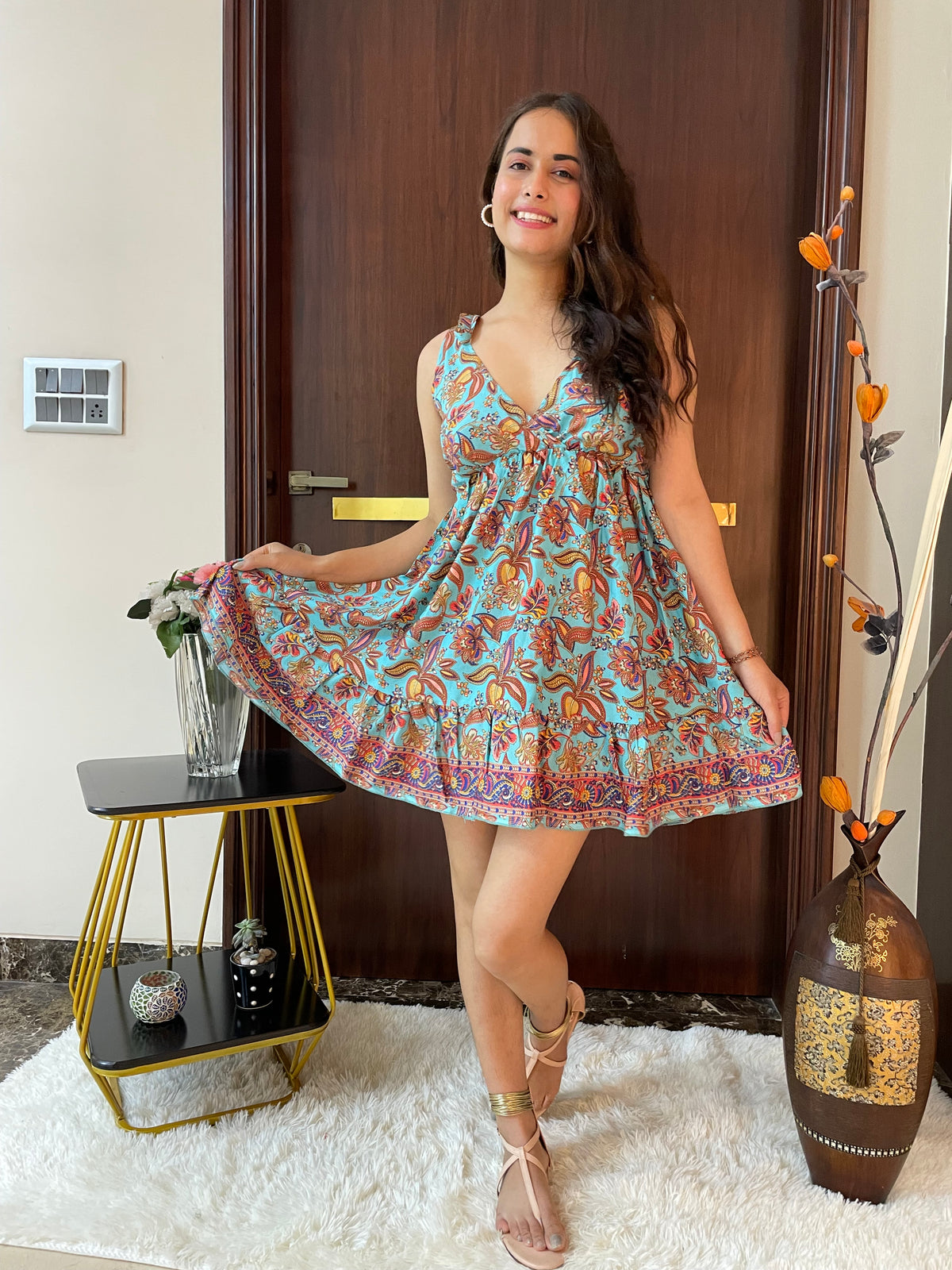 Tie Shoulder Boho Printed Short Dress