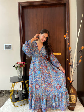 Embroidery Featured Boho Printed Bell Sleeves Maxi Dress Blue