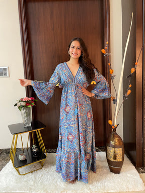Embroidery Featured Boho Printed Bell Sleeves Maxi Dress Blue