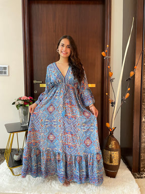 Embroidery Featured Boho Printed Bell Sleeves Maxi Dress Blue