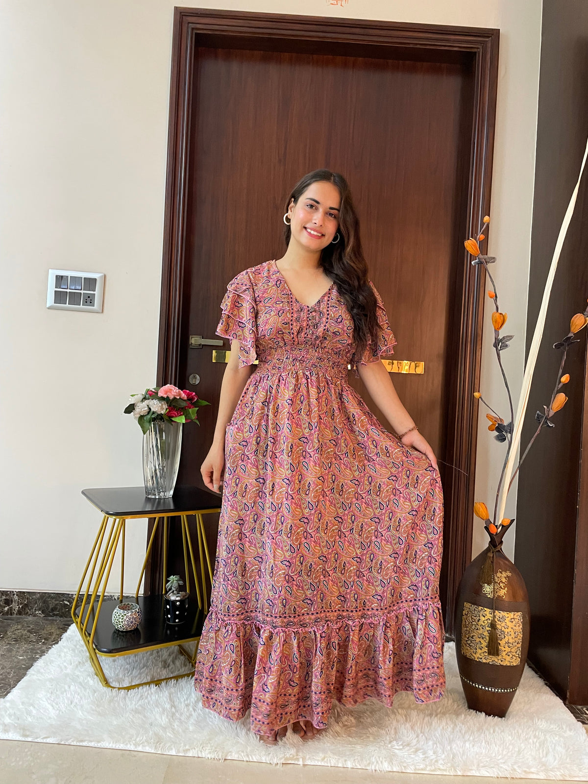 Multi Frill Sleeves Boho Printed  Maxi Dress