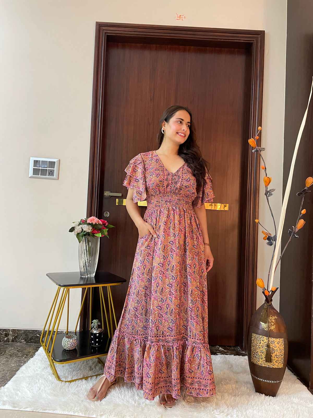 Multi Frill Sleeves Boho Printed  Maxi Dress