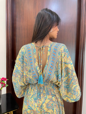 Kaftan pattern boho foil printed maxi dress in Yellow