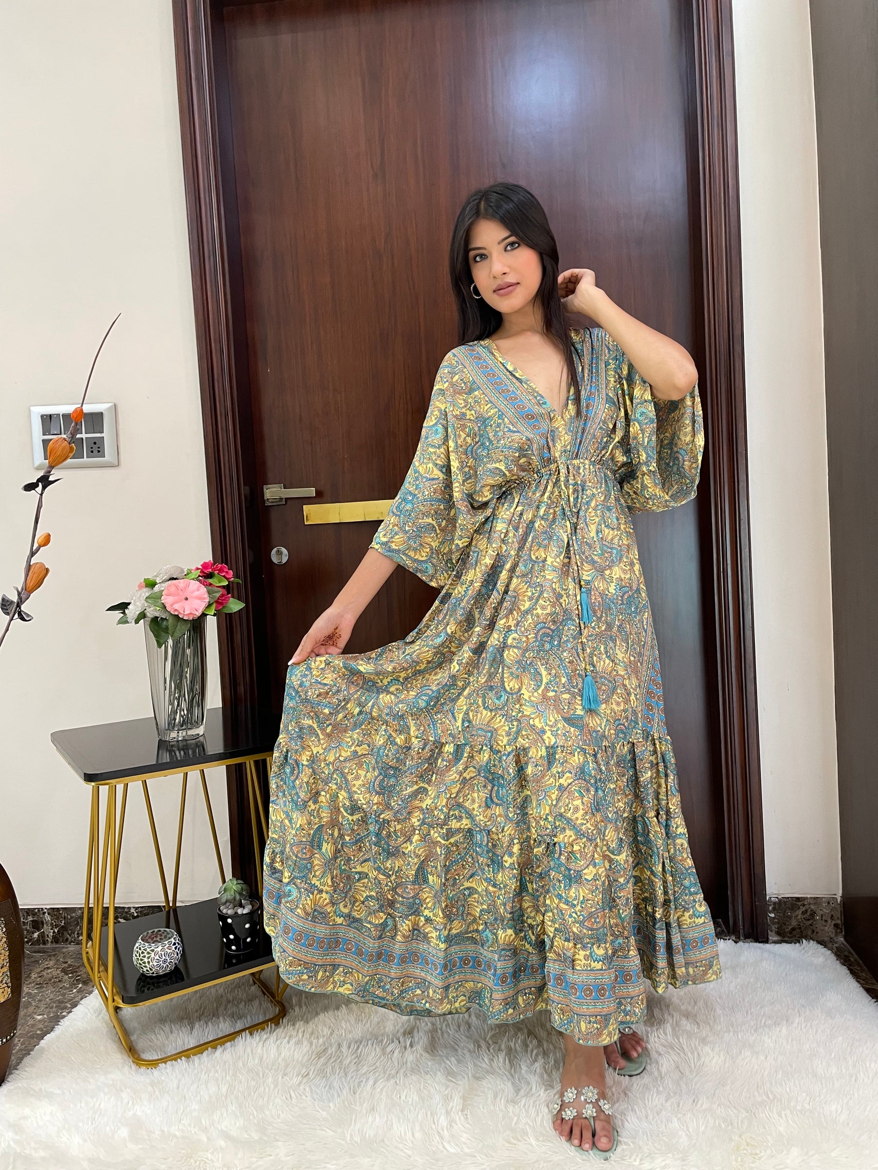 Kaftan pattern boho foil printed maxi dress in Yellow