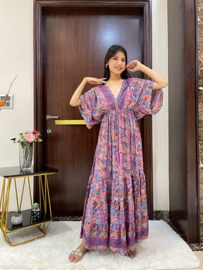 Kaftan pattern boho foil printed maxi dress in Pink