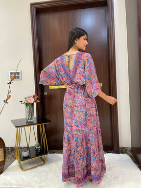 Kaftan pattern boho foil printed maxi dress in Pink