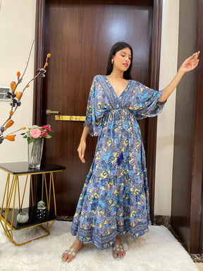 Kaftan pattern boho foil printed maxi dress in Blue