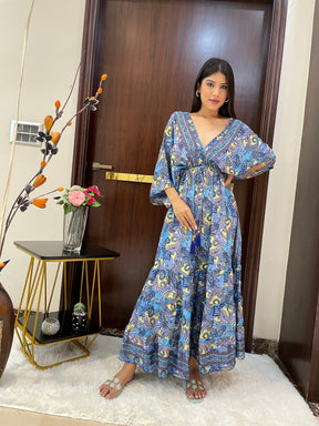 Kaftan pattern boho foil printed maxi dress in Blue
