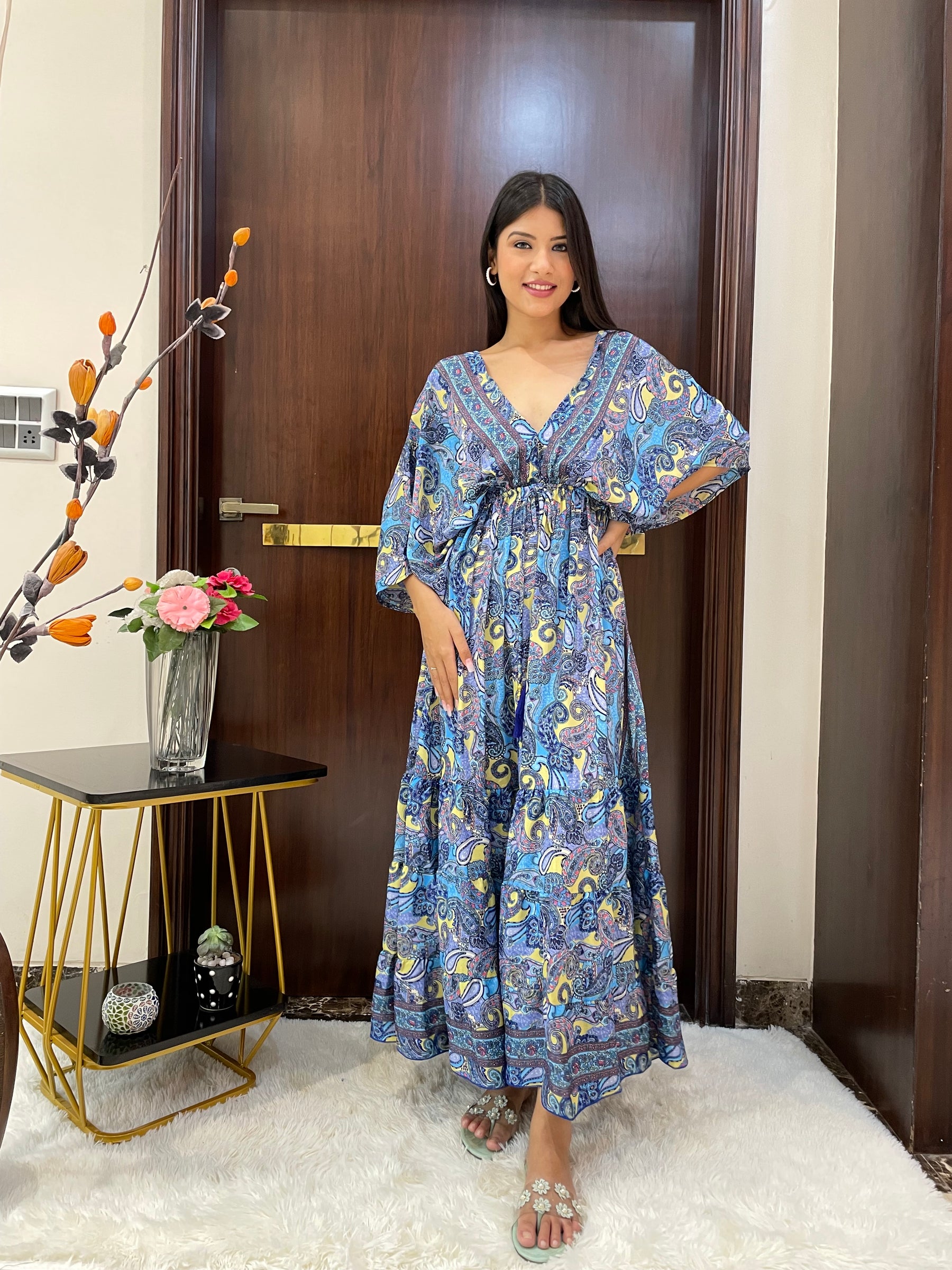 Kaftan pattern boho foil printed maxi dress in Blue