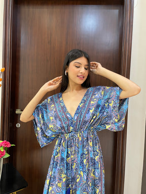 Kaftan pattern boho foil printed maxi dress in Blue
