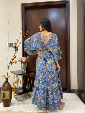 Kaftan pattern boho foil printed maxi dress in Blue