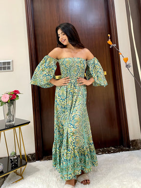 Off- Shoulder Boho Printed Maxi Dress - Fern Fantasy