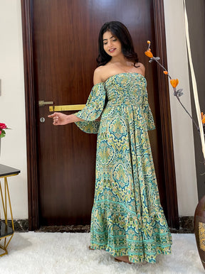 Off- Shoulder Boho Printed Maxi Dress - Fern Fantasy
