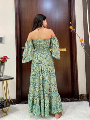 Off- Shoulder Boho Printed Maxi Dress - Fern Fantasy