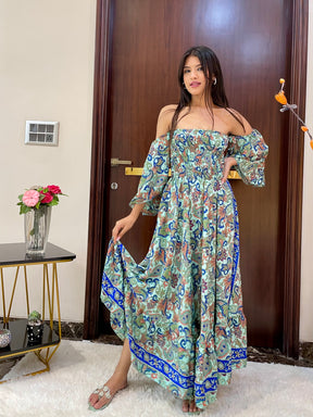 Off- Shoulder Boho Printed Maxi Dress - Seafoam Serenade