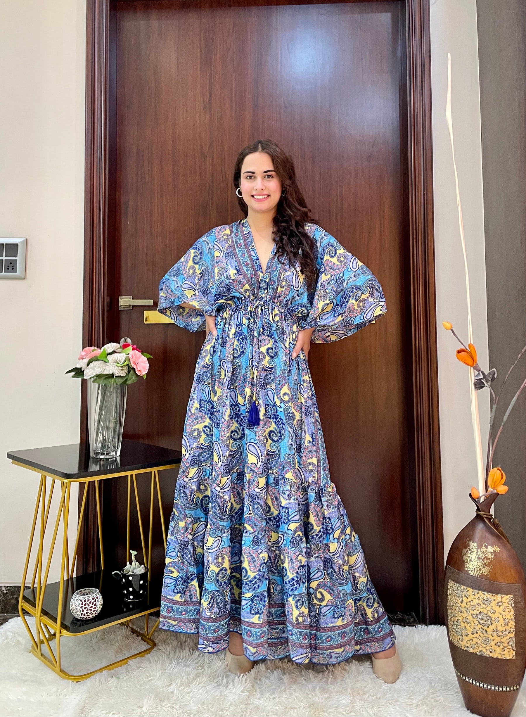 Kaftan pattern boho foil printed maxi dress in Blue