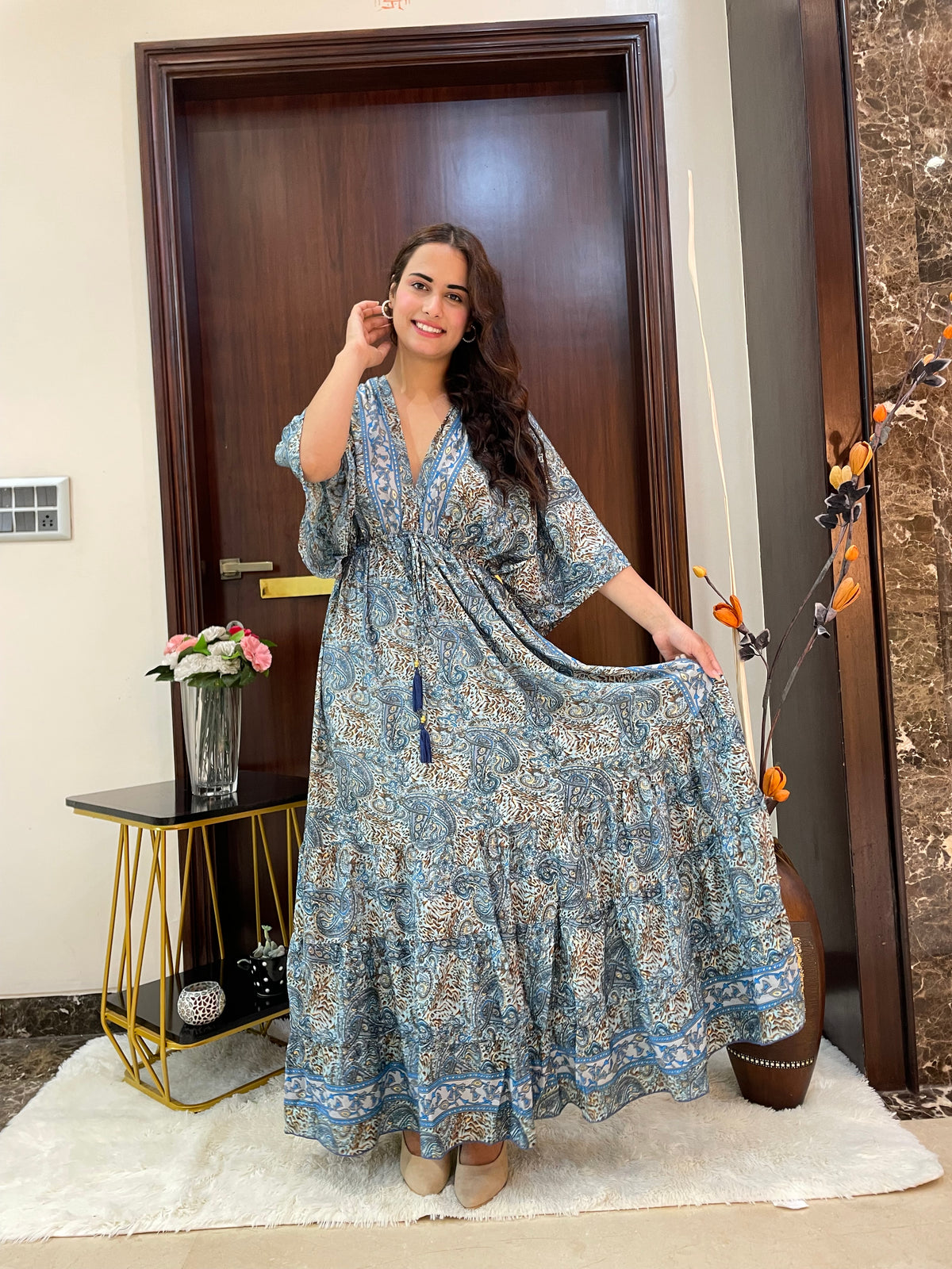 Kaftan pattern boho foil printed maxi dress Azure Earth Tones