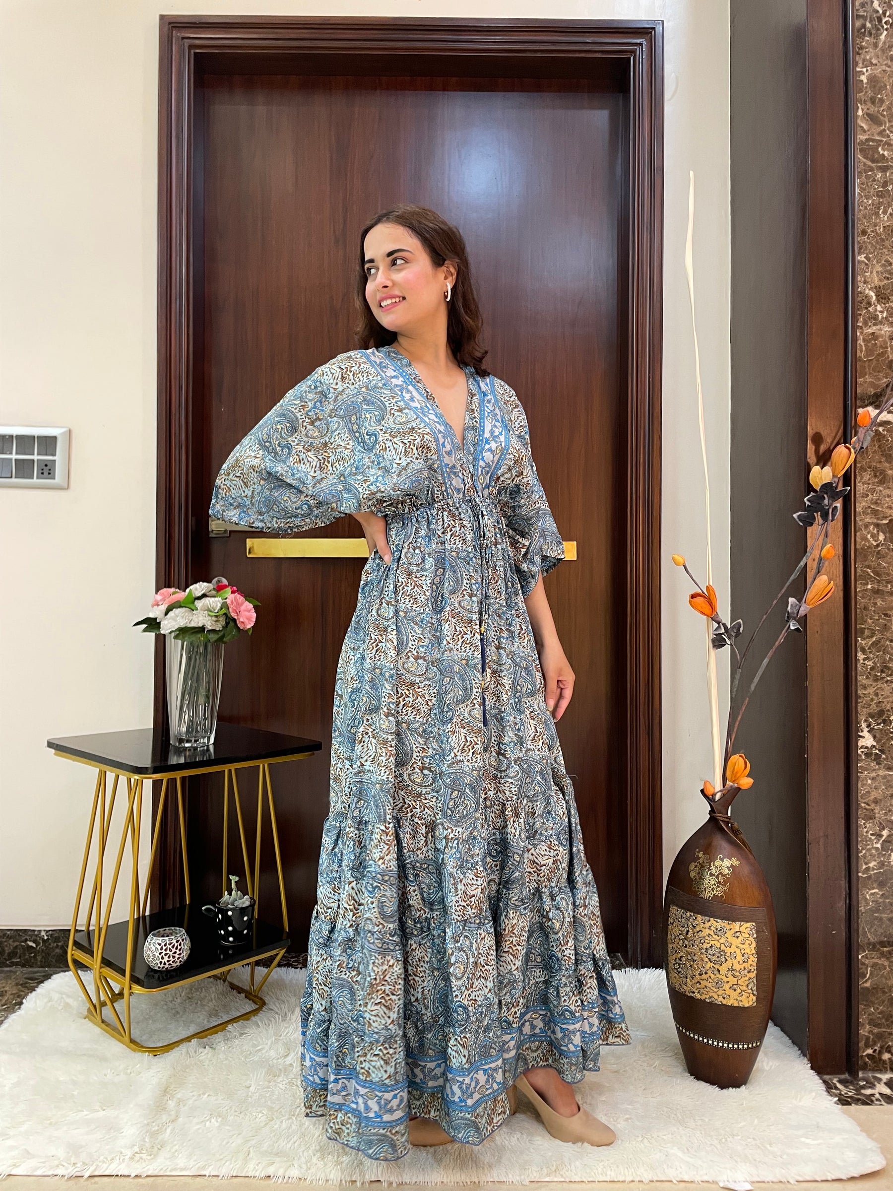 Kaftan pattern boho foil printed maxi dress Azure Earth Tones