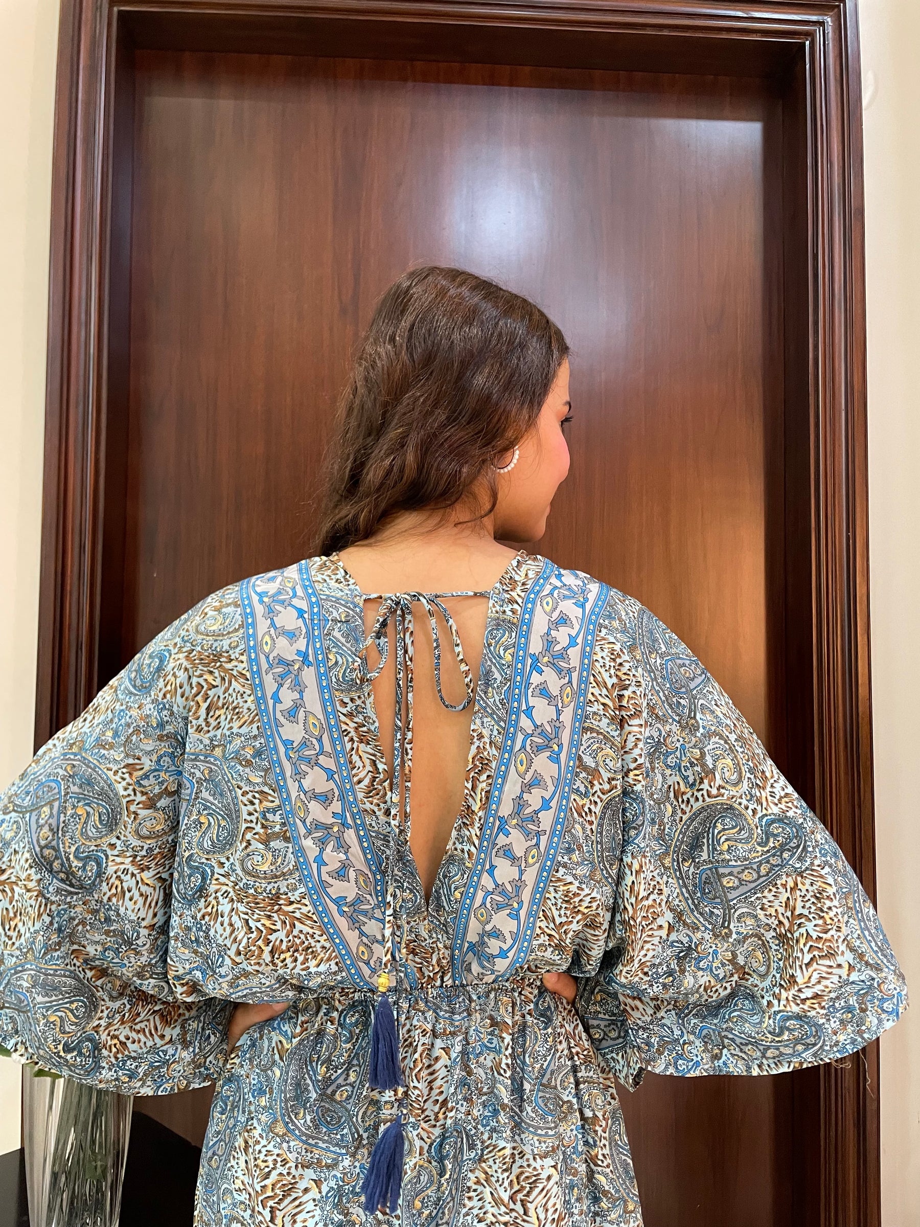 Kaftan pattern boho foil printed maxi dress Azure Earth Tones