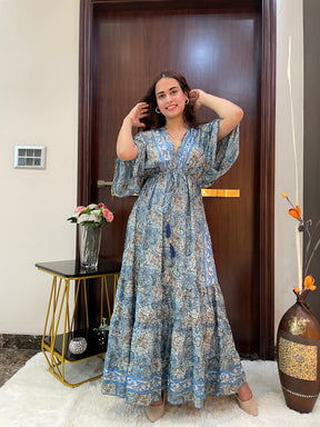 Kaftan pattern boho foil printed maxi dress Azure Earth Tones