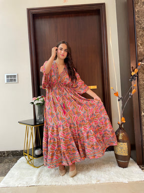 Kaftan pattern boho foil printed maxi dress in Sun-kissed Mirage