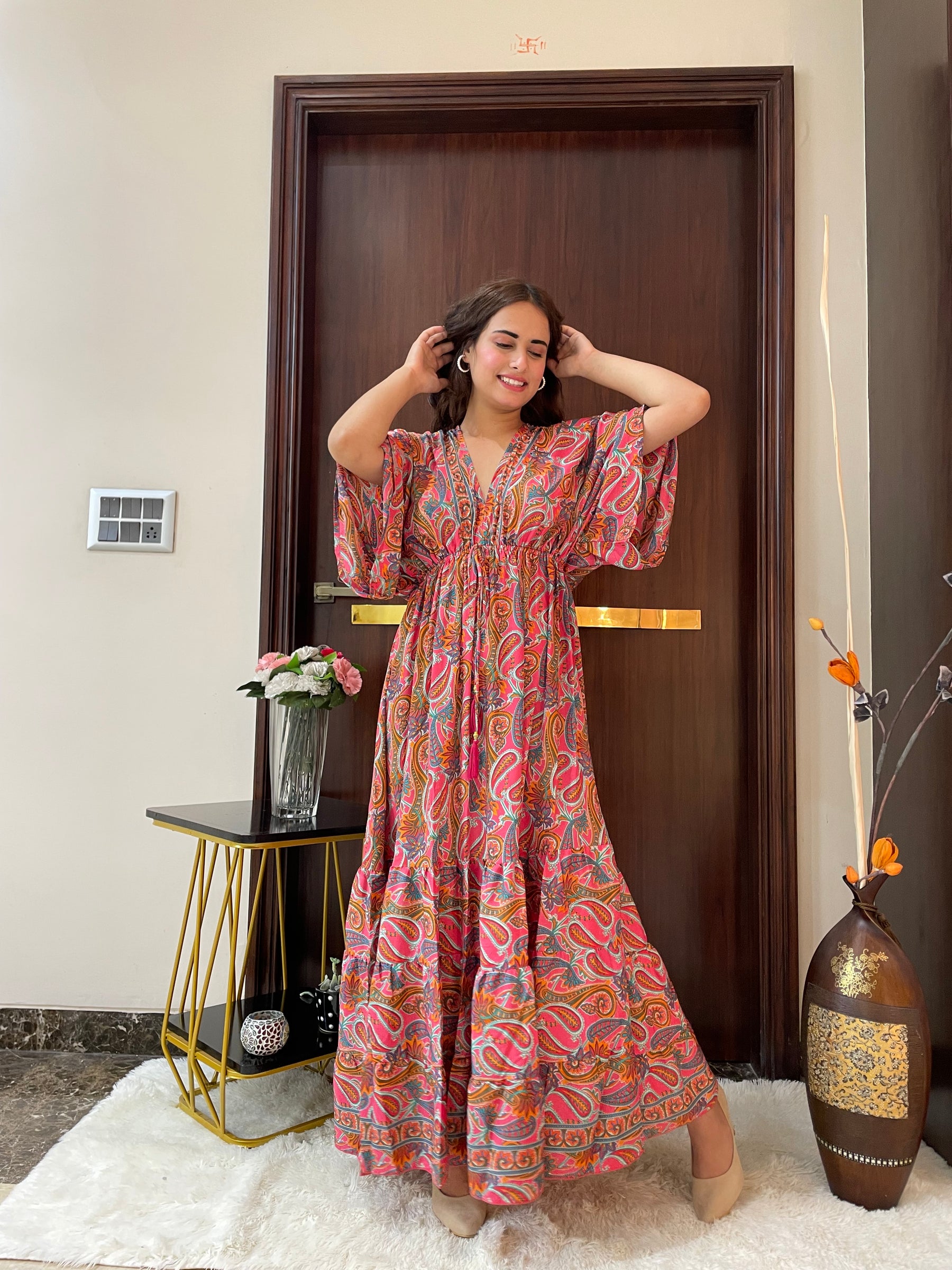 Kaftan pattern boho foil printed maxi dress in Sun-kissed Mirage