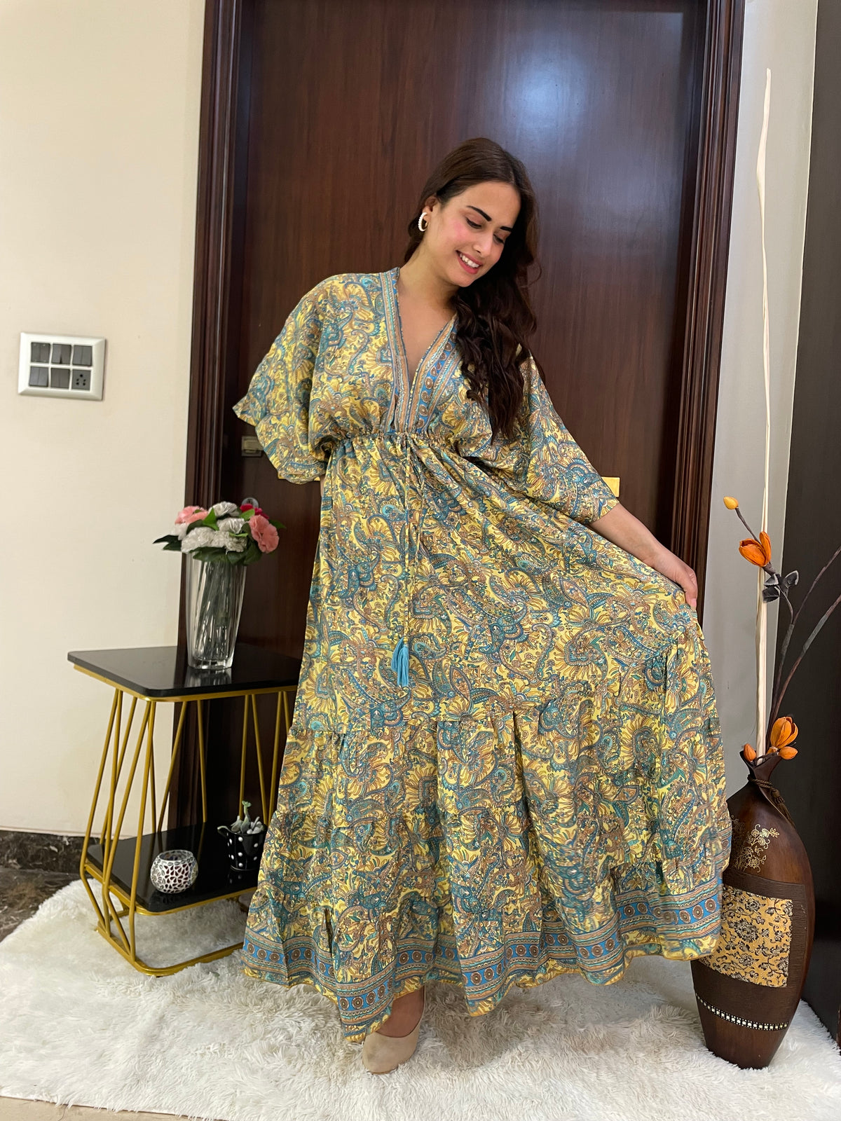 Kaftan pattern boho foil printed maxi dress in Yellow
