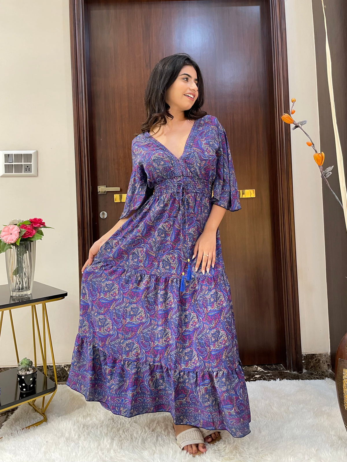 Bell Sleeves Criss Cross Front Boho Printed Maxi Dress - Multicolor