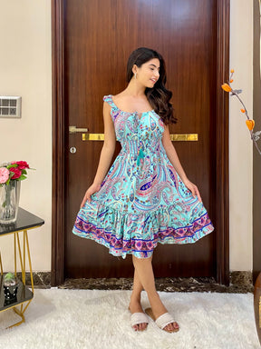 Flair Hem Boho Printed Short Dress - Sky Dreams