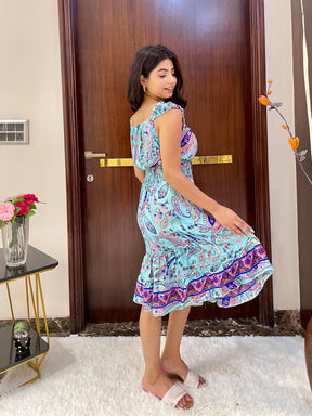 Flair Hem Boho Printed Short Dress - Sky Dreams