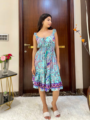 Flair Hem Boho Printed Short Dress - Sky Dreams