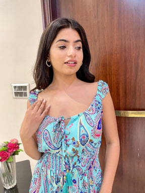 Flair Hem Boho Printed Short Dress - Sky Dreams