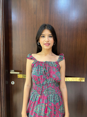 Flair Hem Boho Printed Short Dress - Enchanted Garden