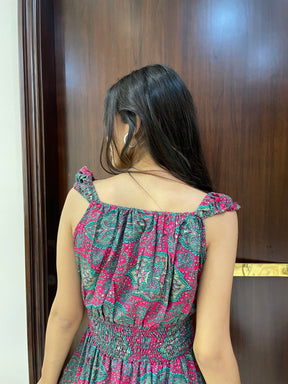 Flair Hem Boho Printed Short Dress - Enchanted Garden