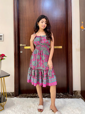 Flair Hem Boho Printed Short Dress - Enchanted Garden